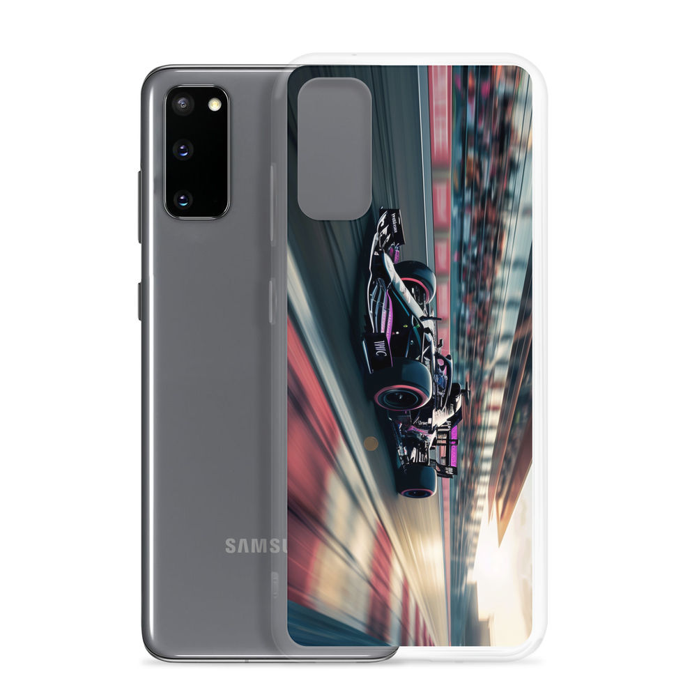 Black n Purple Power Clear case for Galaxy S20, black and purple race car artwork, phone and case on white