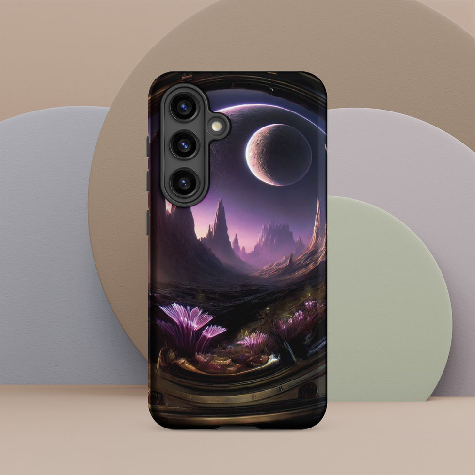 Otherworldly Horizons tough case on Samsung Galaxy S24 Plus, glowing purple world above a dark alien landscape