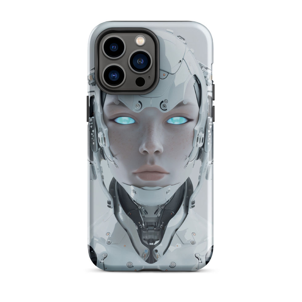 Cybernetic portrait with silver cheek panels; close-up detail on an iPhone® Tough Case.