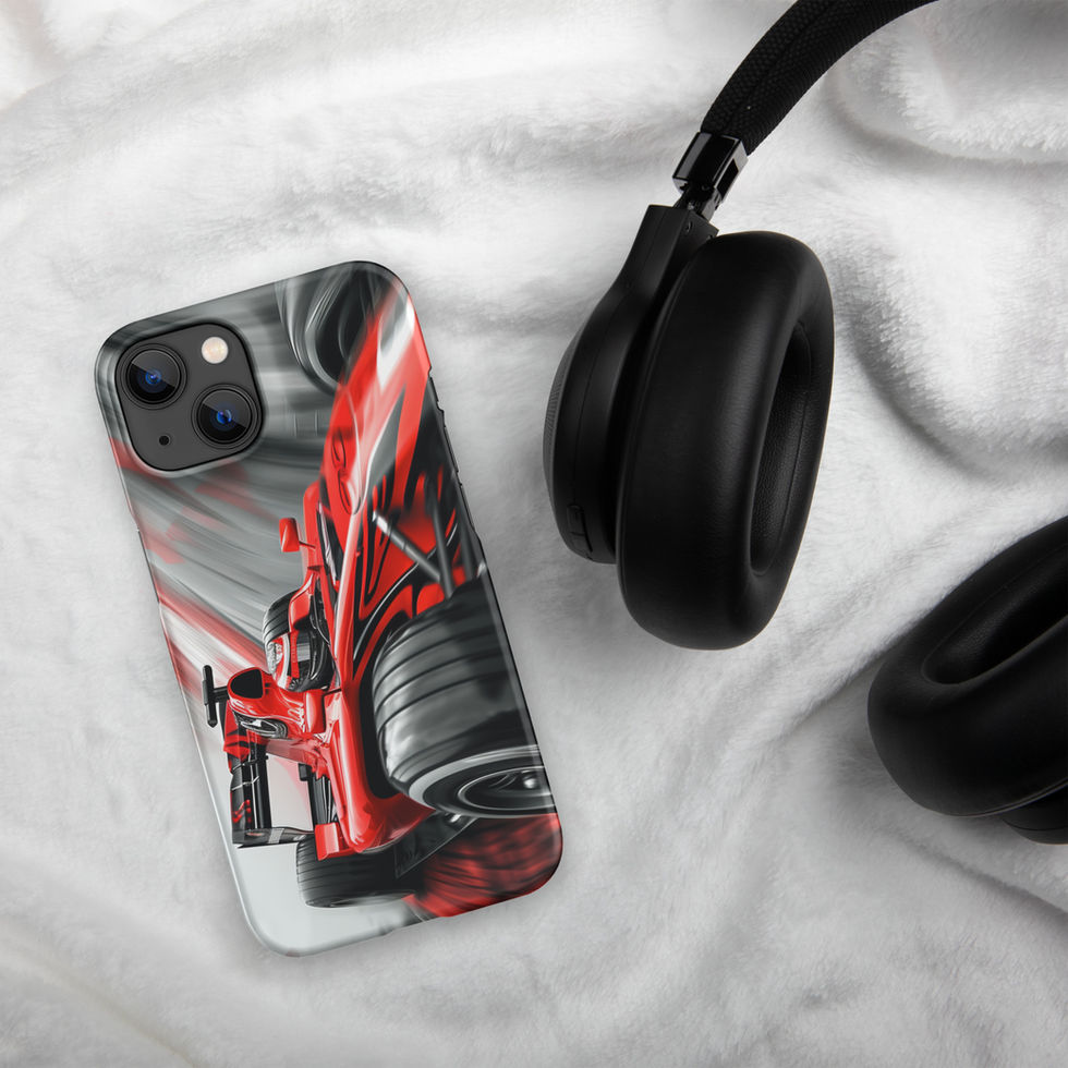 Victory Rush Snap case for iPhone 14, red race car and grey streaks, headphones on pale fabric