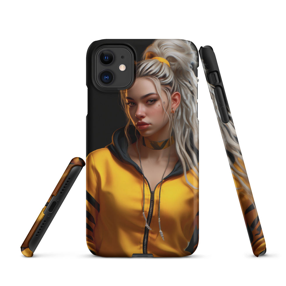 Neon Rebellion iPhone Snap Case with pale hair pulled into a high ponytail