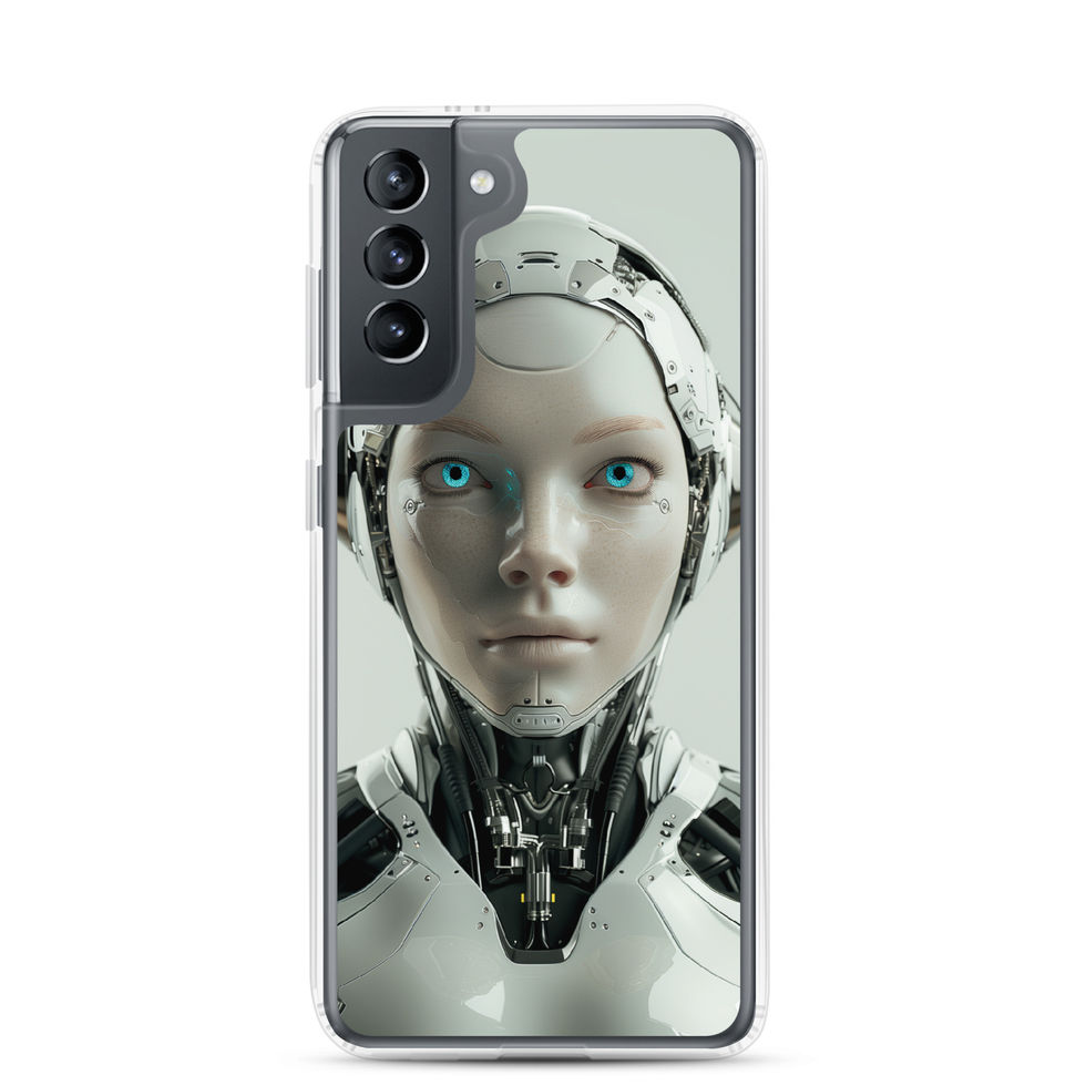 Female android portrait with graphite components; front product view on a Samsung® Clear Case.