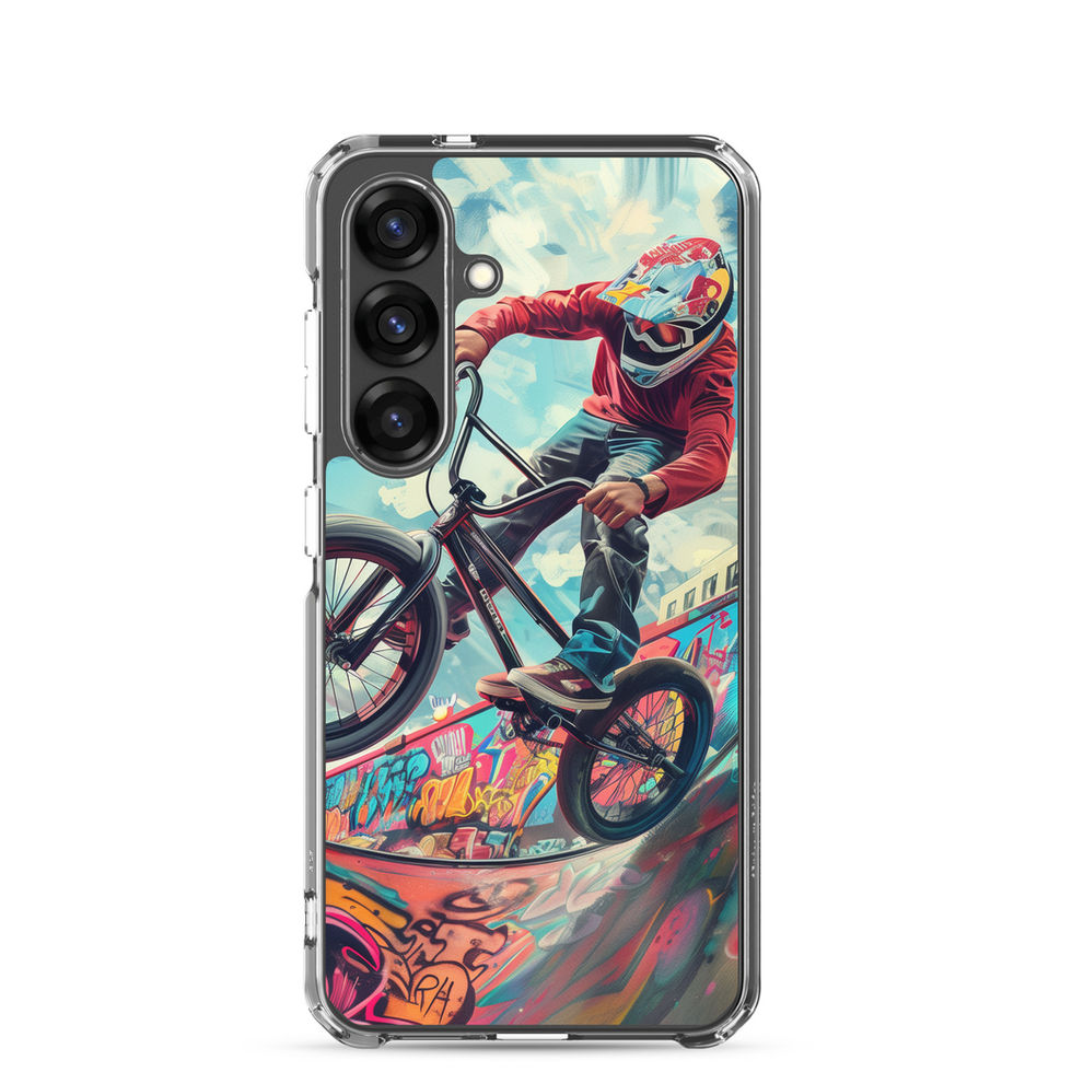 Urban Thrill Clear case for Galaxy S25, BMX rider above graffiti ramp, rear view on white background