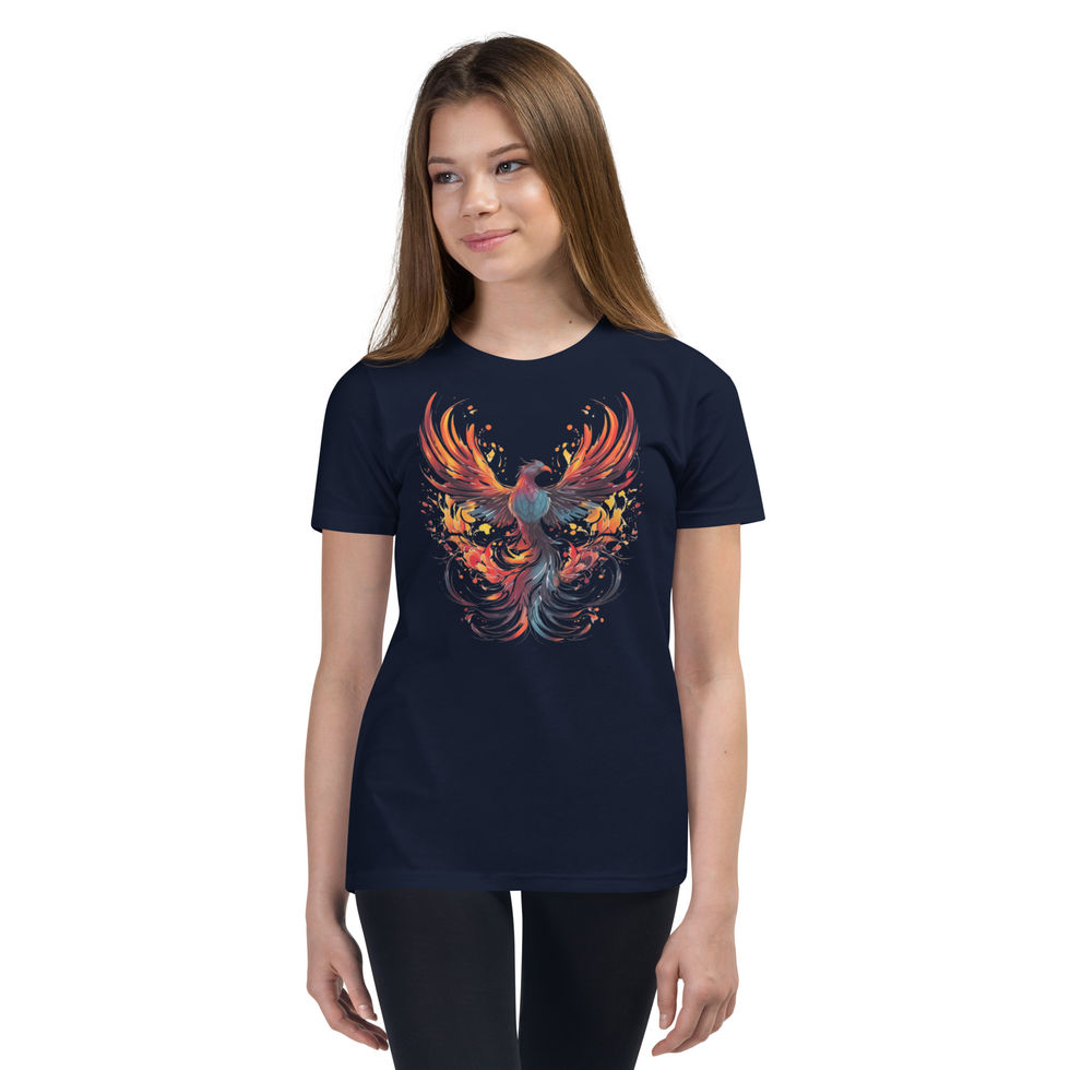 Rising Phoenix: navy blue youth short-sleeve T-shirt with a fiery phoenix with spread wings, worn by child