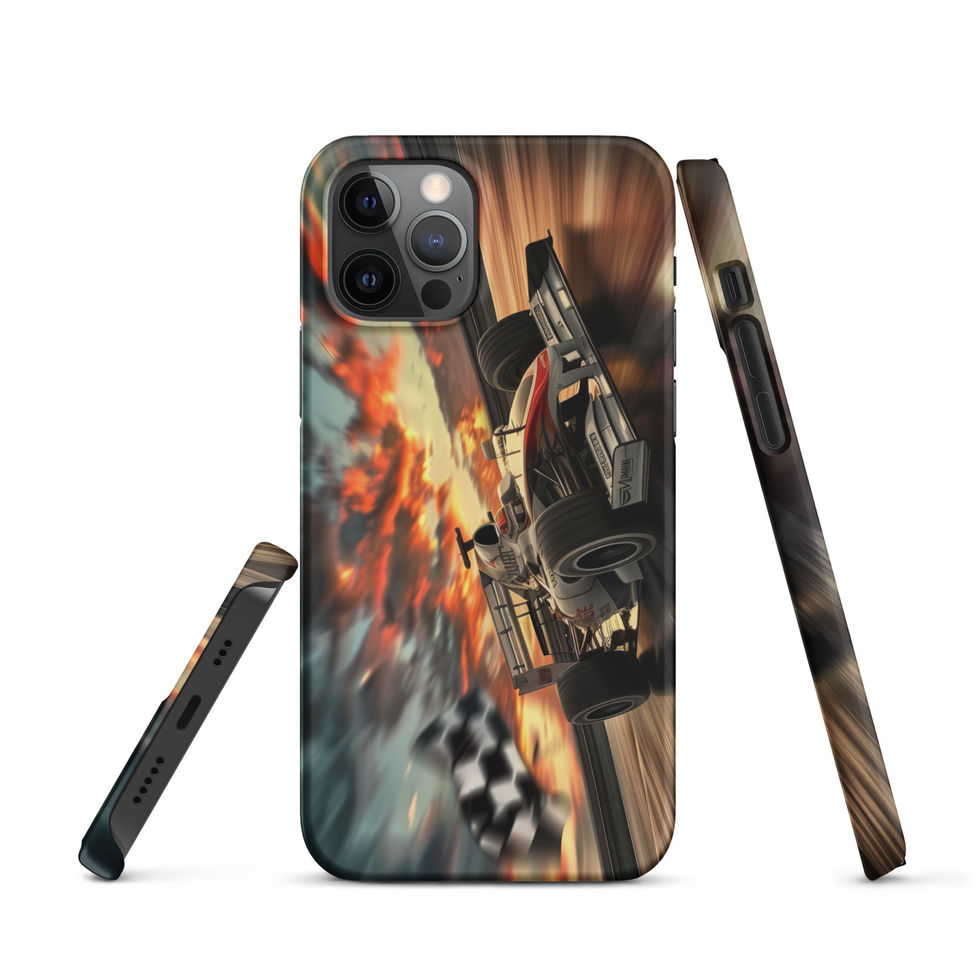 Final Lap Fury Snap case for iPhone 12 Pro, black race car and fiery flag, rear and side views on white