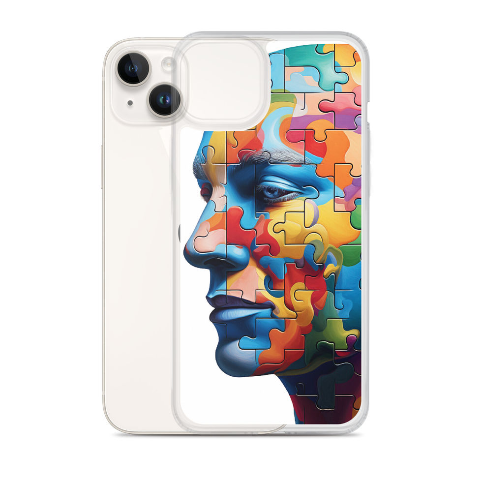 Mind in Pieces clear iPhone case with fractured portrait artwork, full artwork view