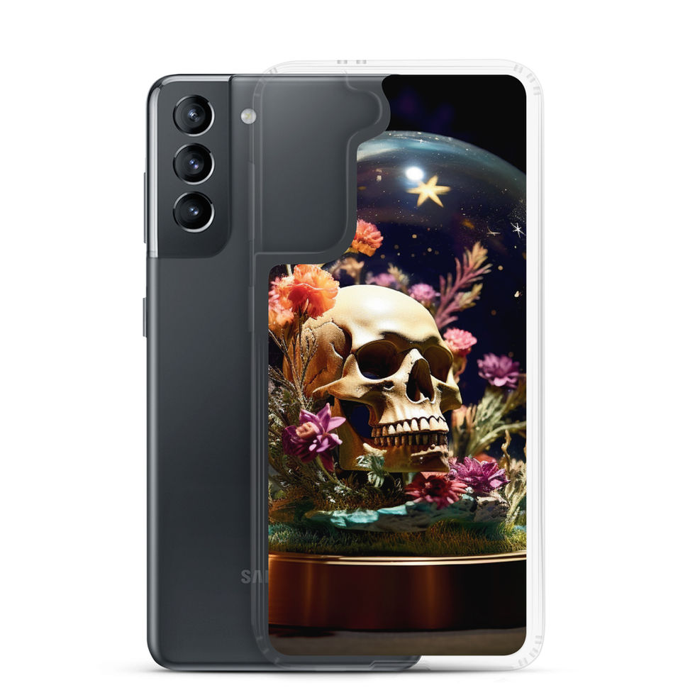 Celestial Remains Clear Samsung case showing contrasting pale bone and vivid blossoms