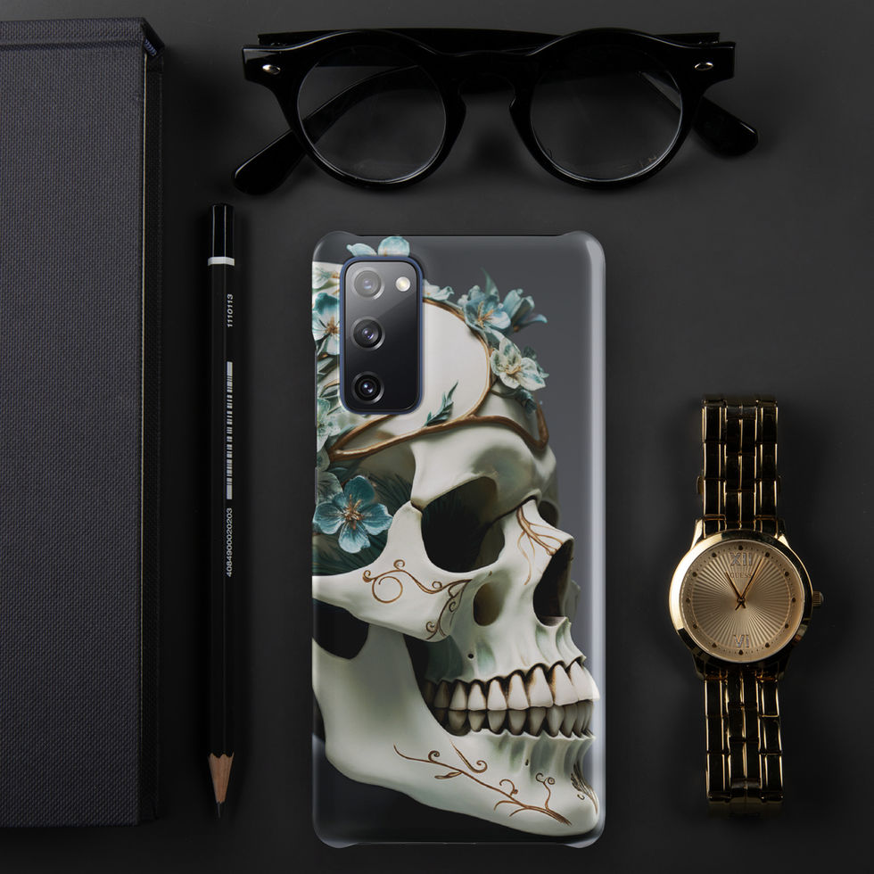 Rear view of the Ivory Blossom slim case with teal blossoms and dark leaves