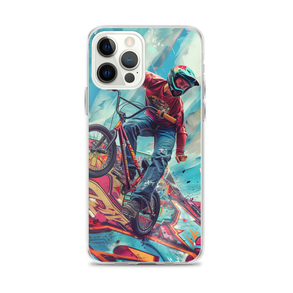 Ramp Rebel Clear case for iPhone 12 Pro Max, red-jacketed BMX rider and graffiti, phone beside case on white