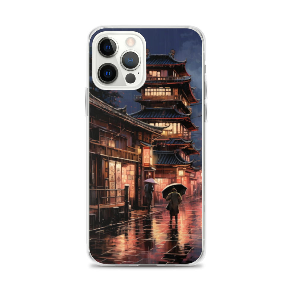 Rainy Kyoto Nights clear iPhone case on a phone, rear artwork with an umbrella silhouette on a rainy lane.
