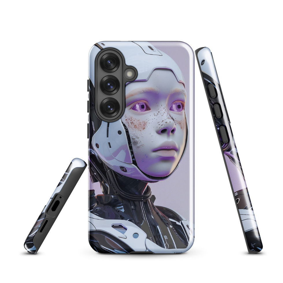 Samsung Galaxy S25 tough case with polished silver sci-fi robot portrait
