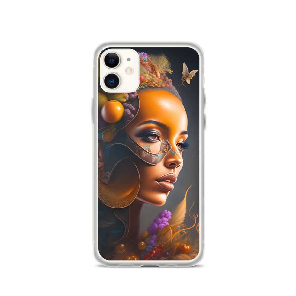 Fruit Brain iPhone Clear Case decorated with a colourful arrangement of oranges, grapes, flowers and foliage