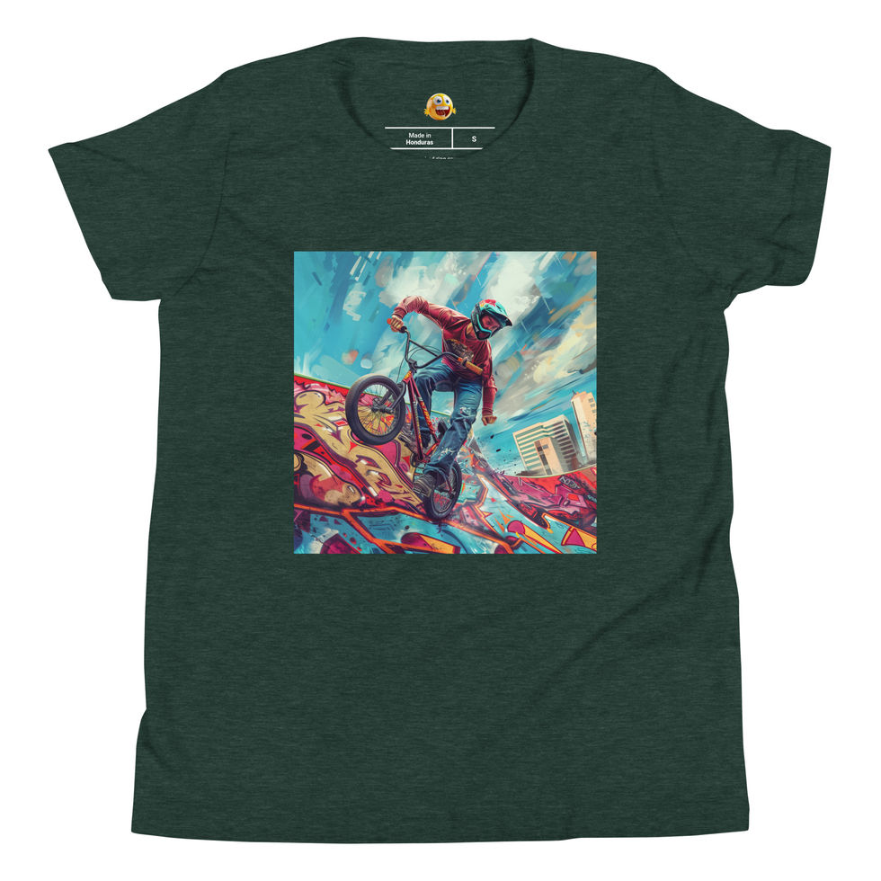 Graffiti Ramp BMX: heather forest green youth short-sleeve T-shirt with a BMX rider on a colourful graffiti ramp