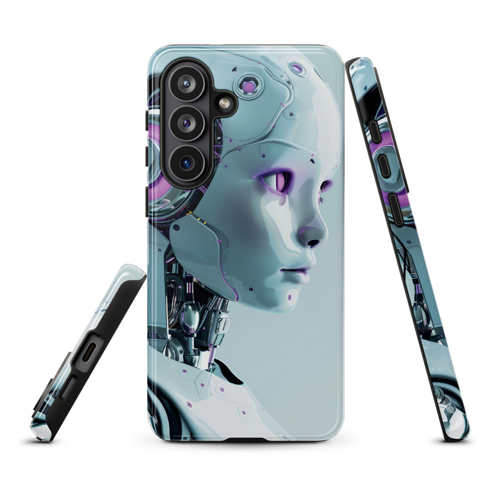 Profile-view humanoid robot artwork on a Samsung tough case