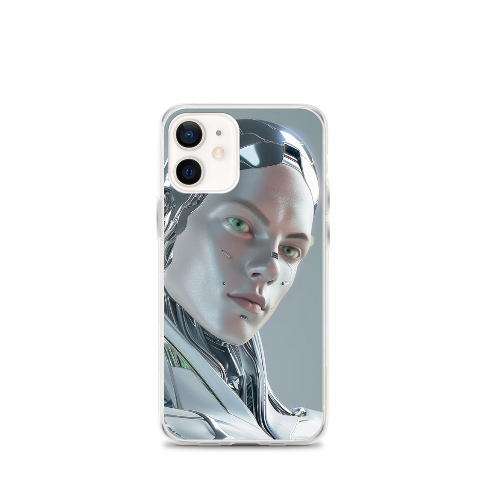 Cybernetic Elegance clear iPhone case with luminous mint-green robot eyes with transparent edges visible