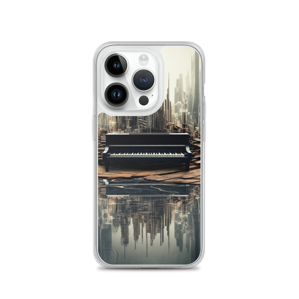 Urban Sonata clear iPhone case in a modern office scene, rear view of the piano skyline artwork, image 28.