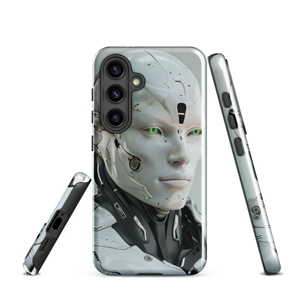 detailed robot face artwork on Samsung dual-layer tough case, upright studio product view