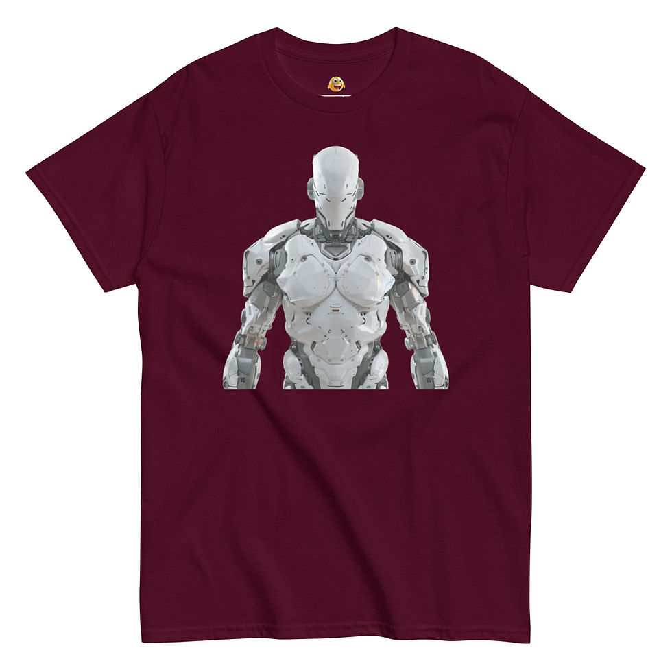 Titan Guardian: burgundy unisex classic T-shirt with silver robot with layered chest armour