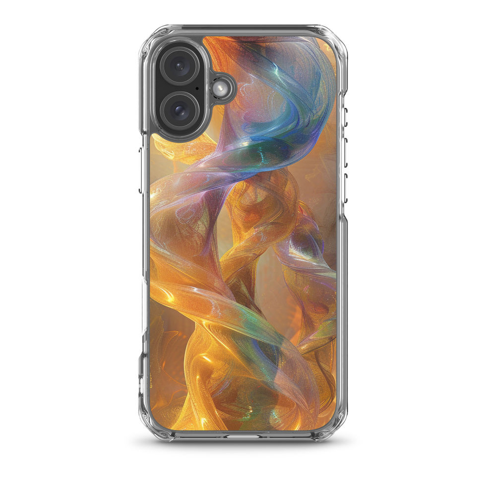 "Intertwining Entities" clear iPhone case showing translucent overlapping shapes on the printed phone back