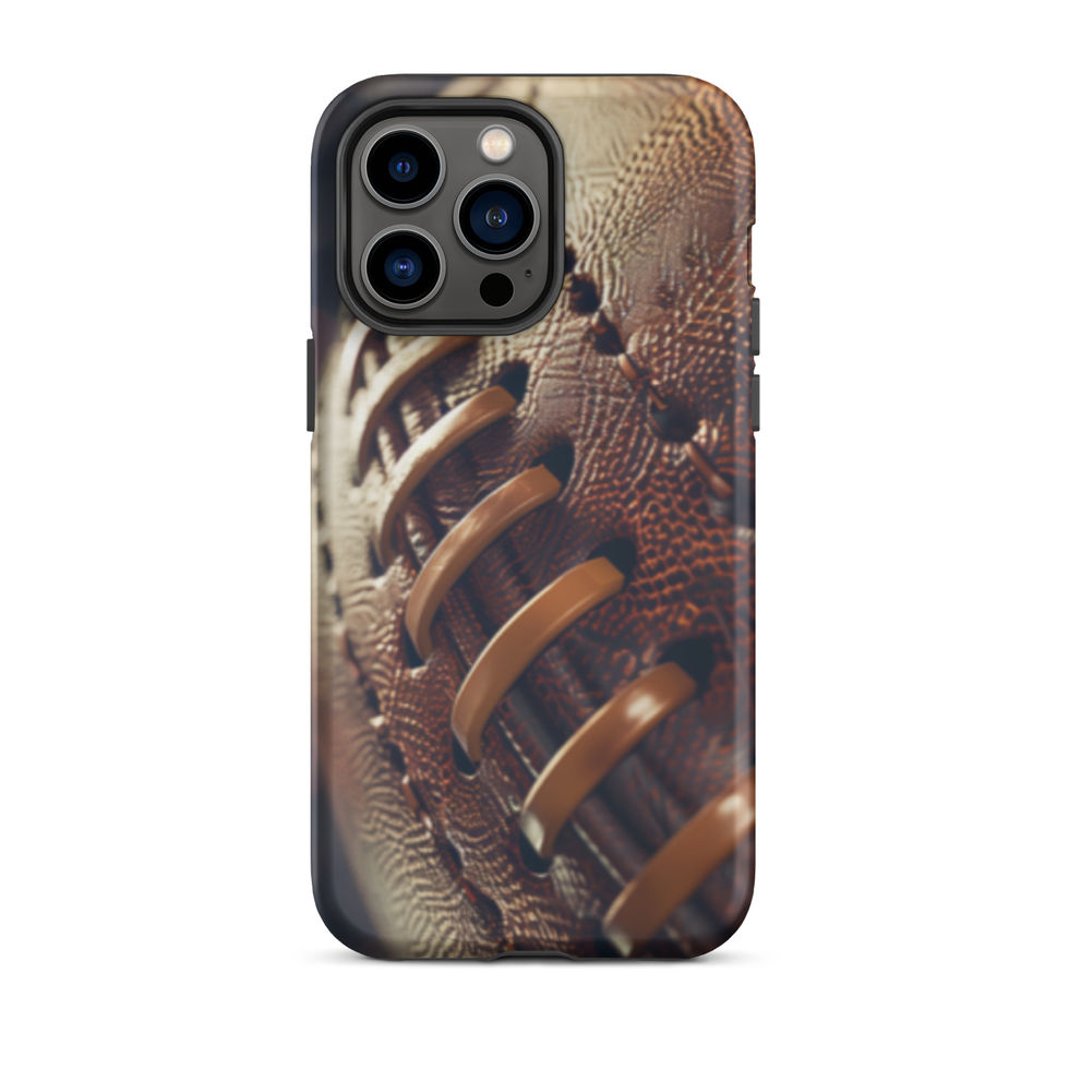 Stadium Lights Tough case for iPhone 14 Pro Max, worn brown football artwork and golden laces, rear view on white