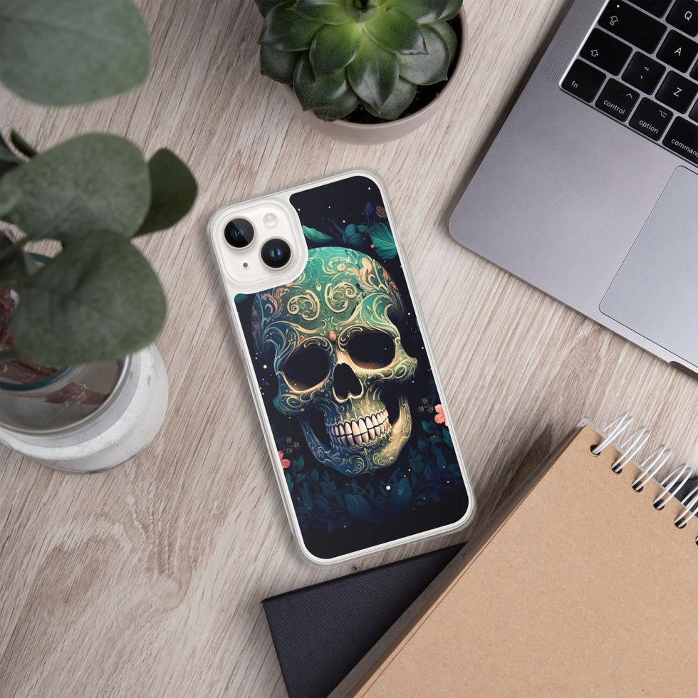 Emerald Requiem clear iPhone case showing the detailed face and teeth of the skull motif