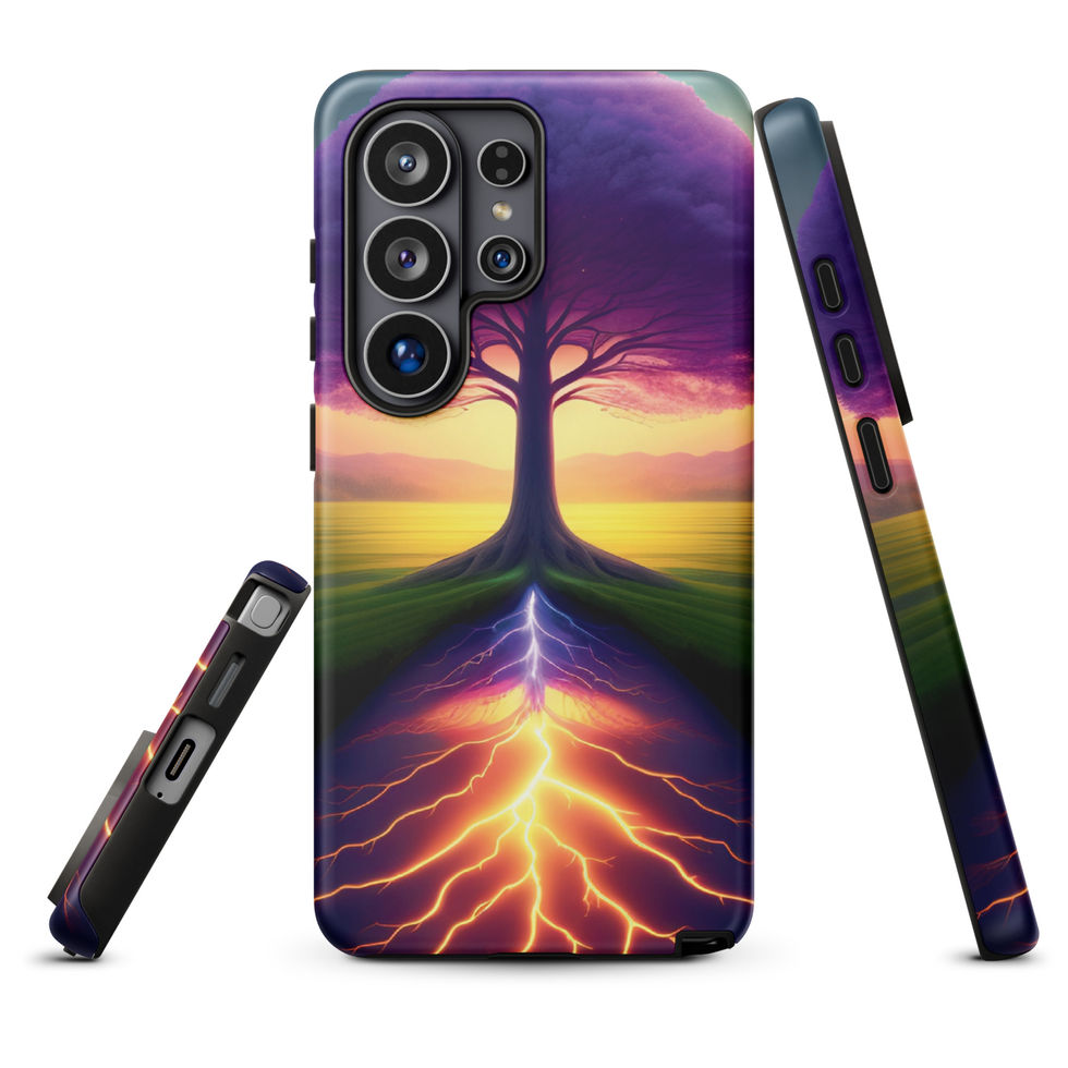 Ethereal Roots tough Samsung case with tree roots lit like a burst of lightning.