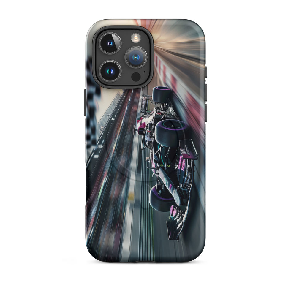 Midnight Velocity MagSafe Tough case for iPhone 16 Pro Max, race car and night lights, rear view on white