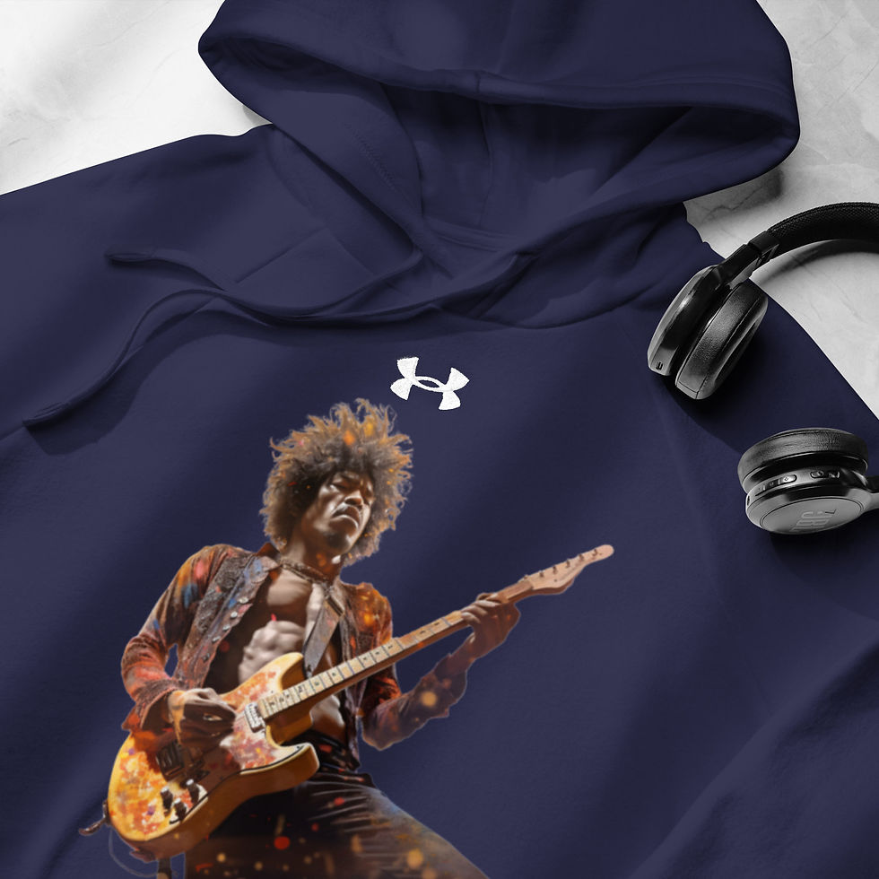 Legendary Vibes: navy blue Under Armour hoodie with rock guitarist playing electric guitar, beside headphones
