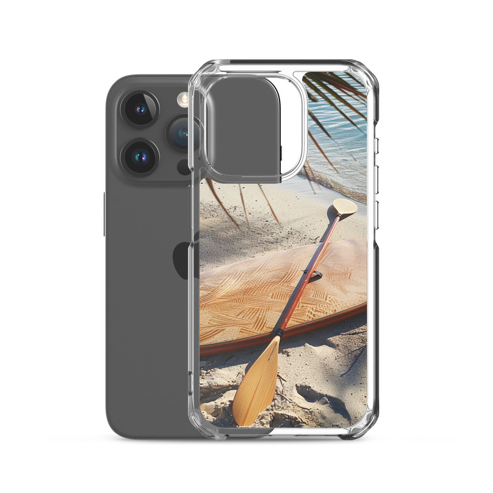 Driftwood Escape Clear case for iPhone showing coastal image beneath the phone camera