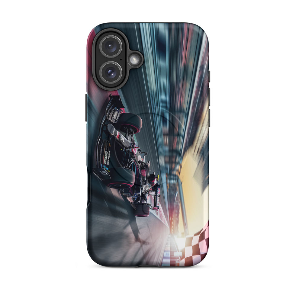 Final Lap MagSafe Tough case for iPhone 16 Plus, dark race car and blurred track artwork, rear view on white