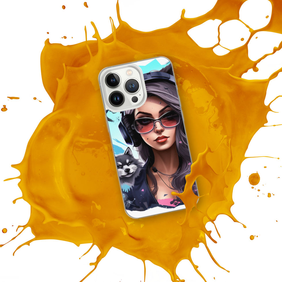 Printed back of Shadow Huntress iPhone clear case showing pink accents at the neckline