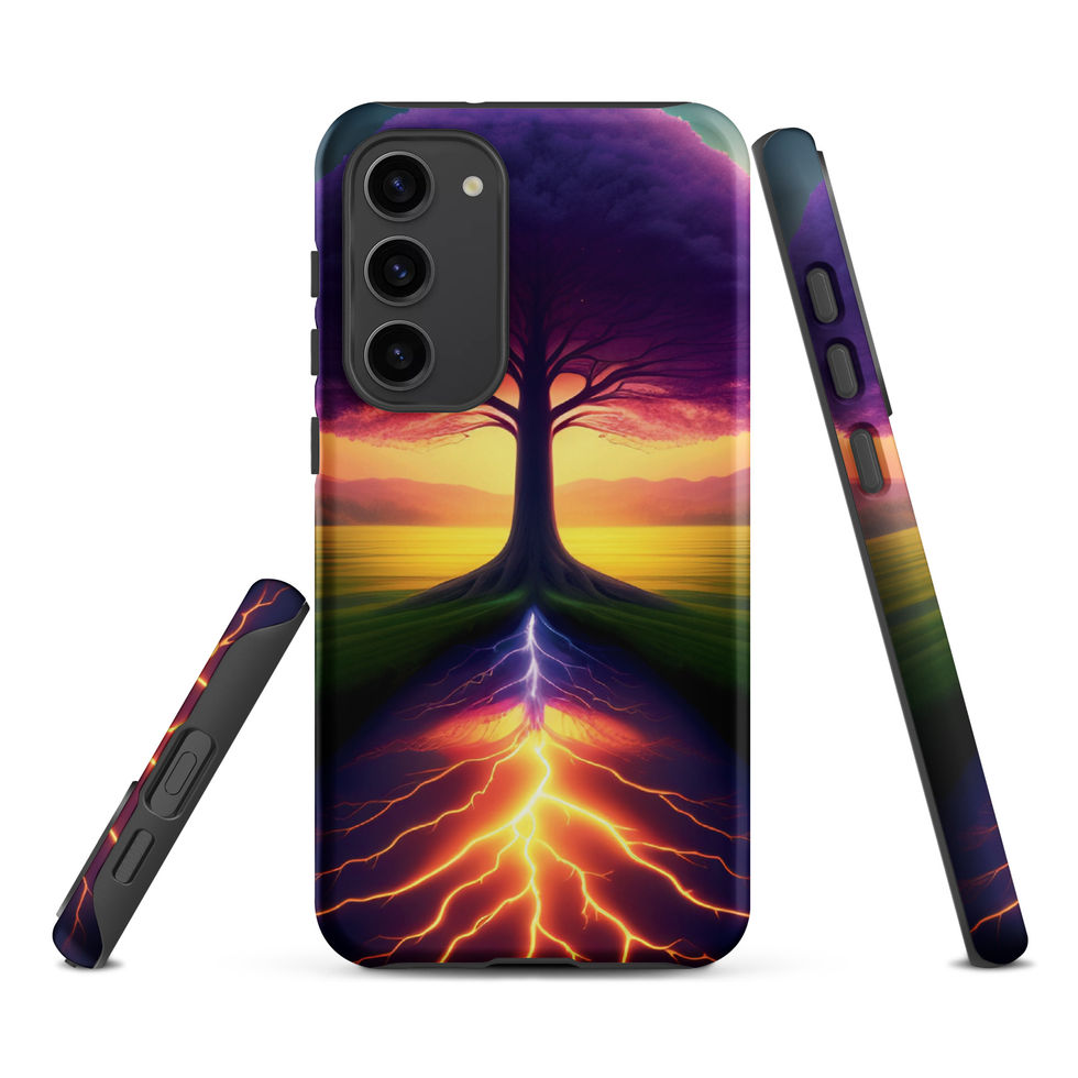 Ethereal Roots tough Samsung case with glowing roots under a central tree.