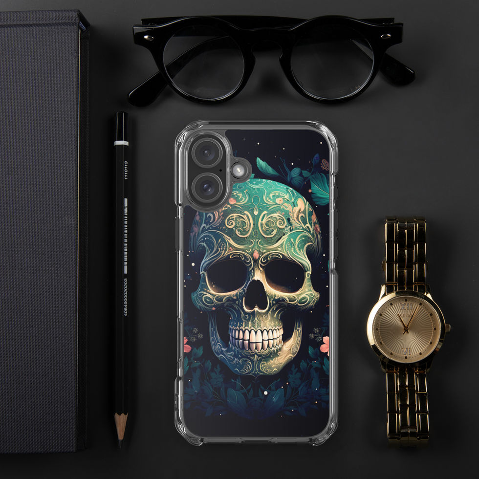 Emerald Requiem clear iPhone case showing a teal ornamental skull against a dark navy background