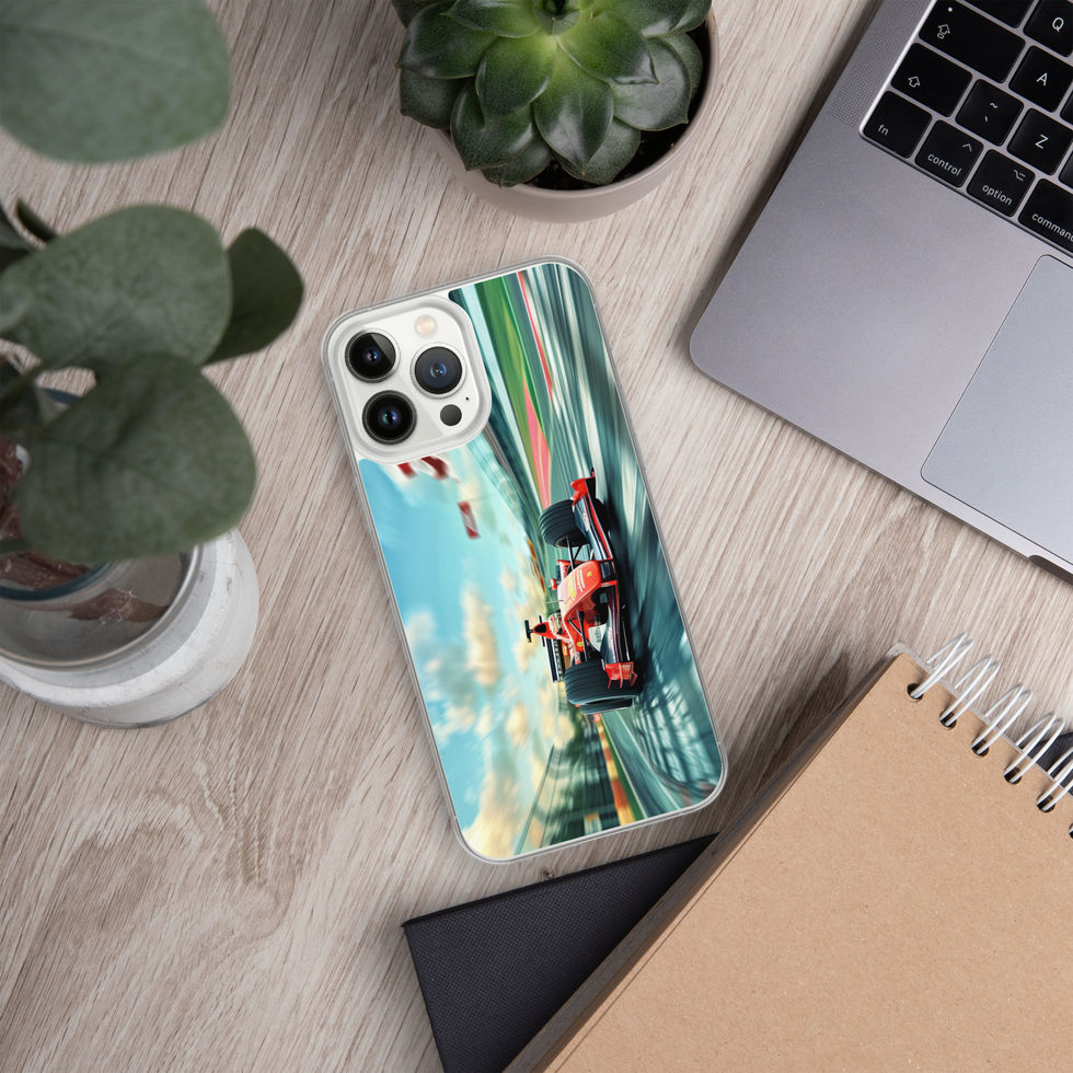 Pole Position Clear case for iPhone 13 Pro Max, red racing car on green track, light desk with laptop and plants