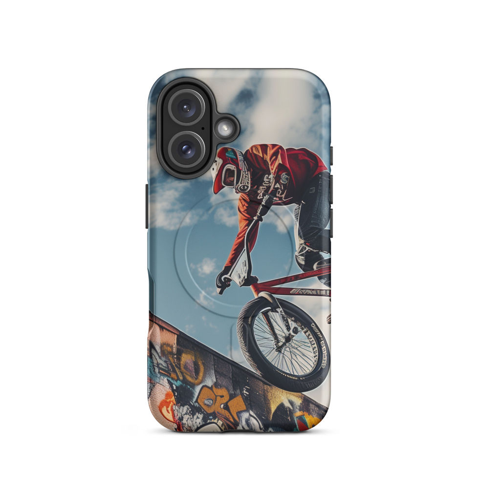 Graffiti Air MagSafe Tough case for iPhone 16, BMX rider above graffiti ramp, rear view on white
