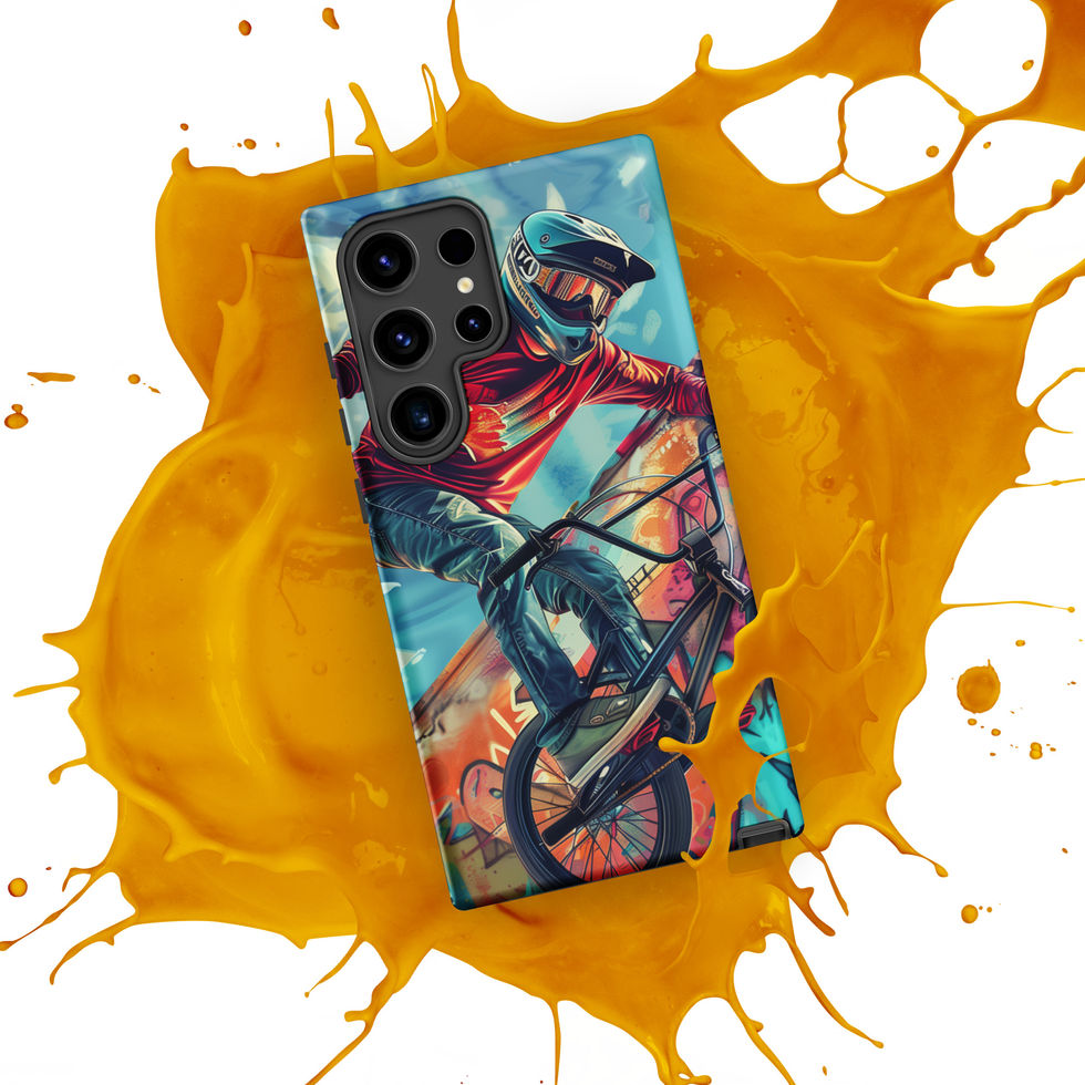 Graffiti Ride Tough case for Galaxy S24 Ultra, red-top BMX rider and vivid graffiti, orange paint splash