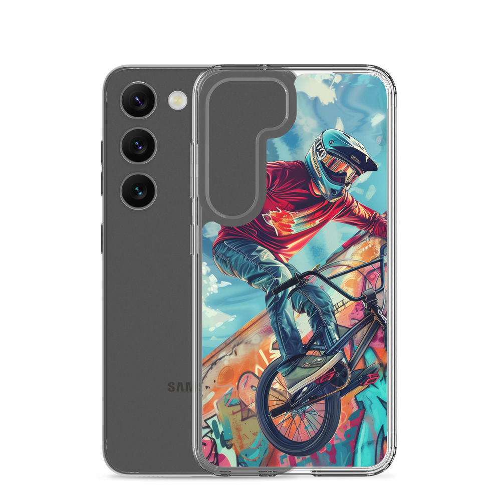 Graffiti Ride Clear case for Galaxy S23, red-top BMX rider and vivid graffiti, phone beside case on white
