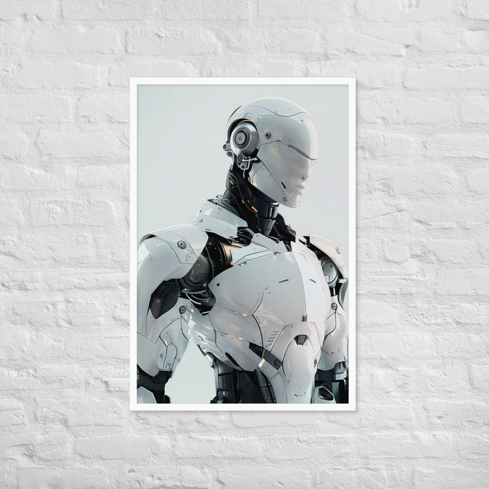 Future Sentinel framed poster: sleek helmet and curved chest panels in a light neutral setting