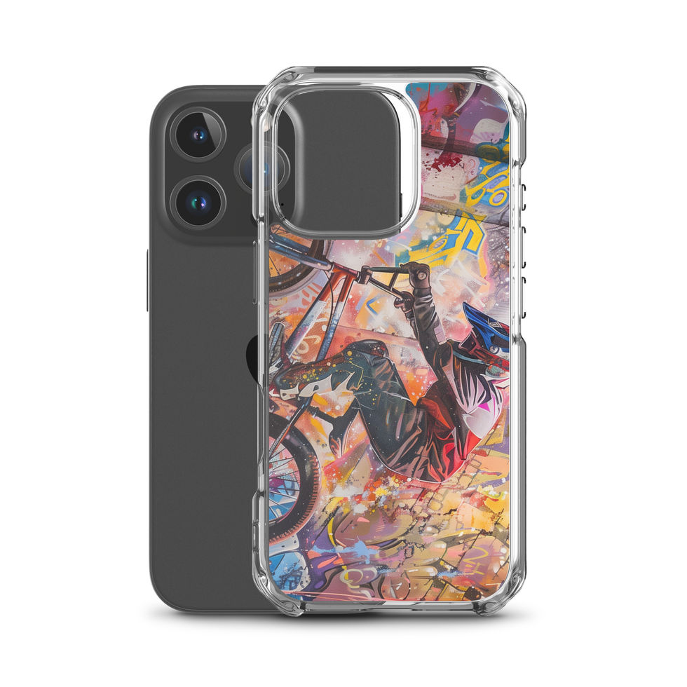 Graffiti Grind Clear case for iPhone 16 Pro, BMX rider amid pink and yellow graffiti, rear view on white