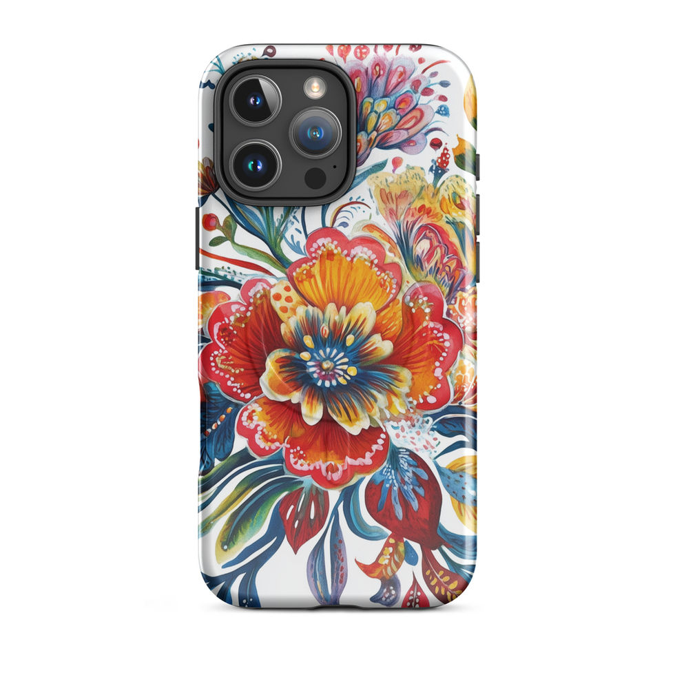 Sunfire Bloom MagSafe tough floral case for iPhone 17, rear view showing the sunlit floral artwork and magnetic case