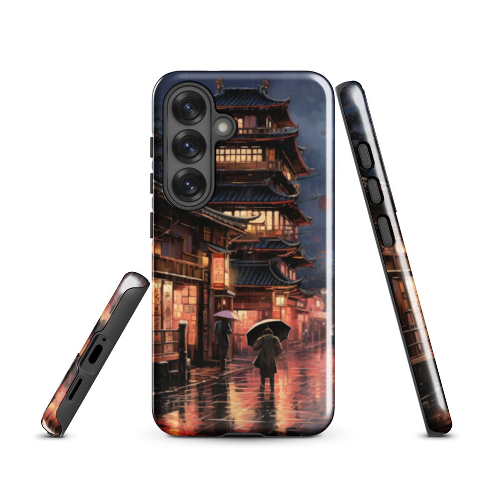 Rainy Kyoto Nights Samsung tough case, back and side views; back artwork of a lantern-lit lane leading towards a pagoda.