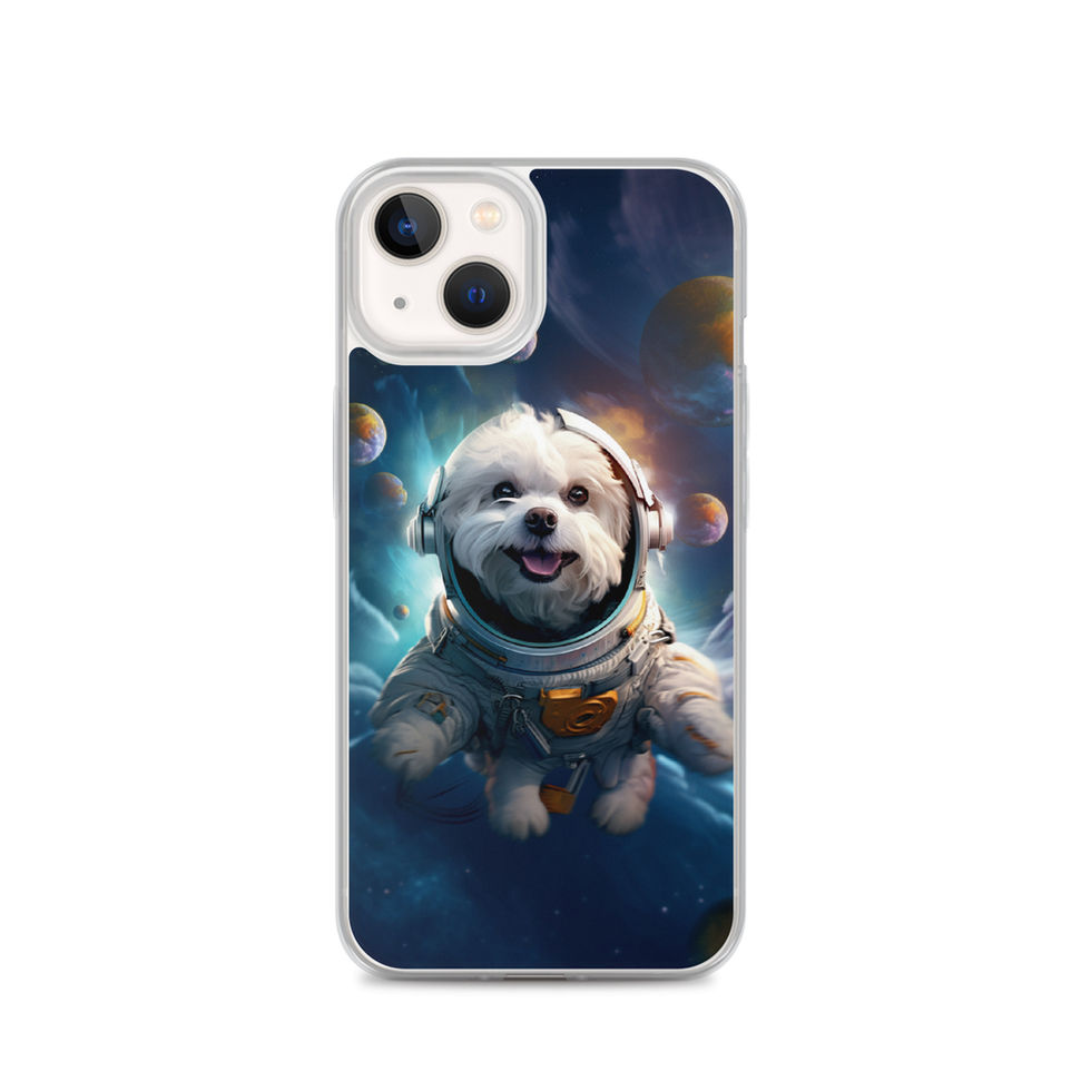 Galactic Voyager cosmic dog iPhone clear case — upright phone mockup 22