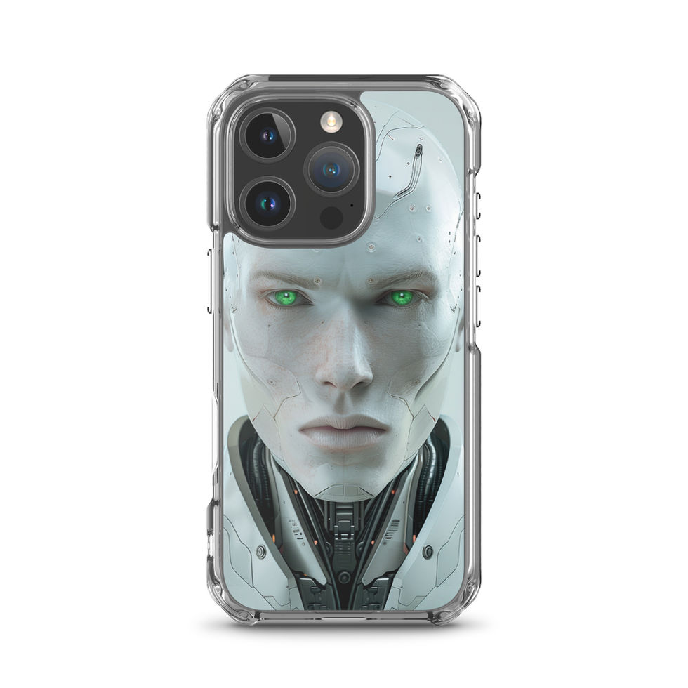 green-lit humanoid machine on iPhone clear protective case, protective edge detail