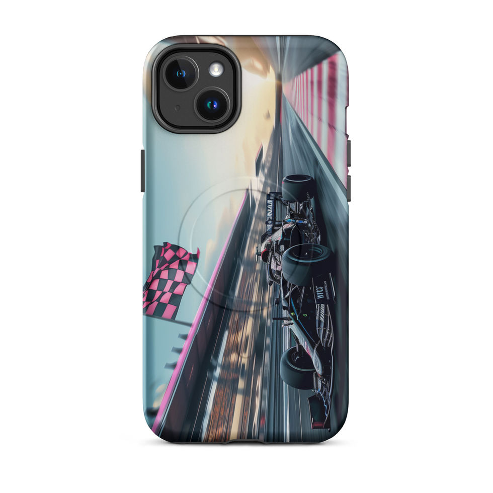 Blackout Champion MagSafe Tough case for iPhone 14 Plus, dark race car and pink flags, rear view on white