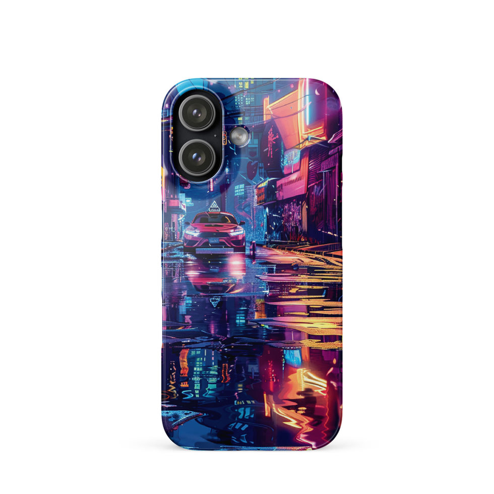 Neon Alley iPhone snap case with cool blue buildings beside a brightly lit walkway.