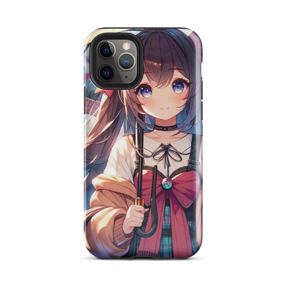 Rainy Day Elegance iPhone tough case, rear design showing a cream coat and umbrella handle.