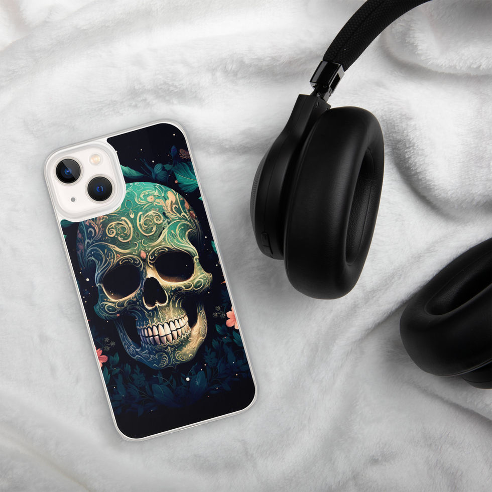Emerald Requiem clear iPhone case showing intricate navy and emerald skull artwork
