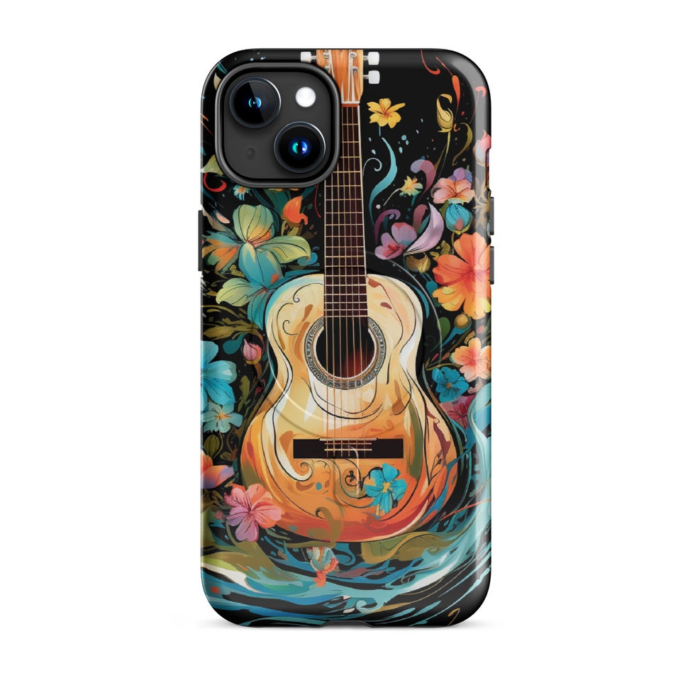 Floral Strings MagSafe Tough Case for iPhone side view on a pale surface, showing the floral instrument artwork, image 7.