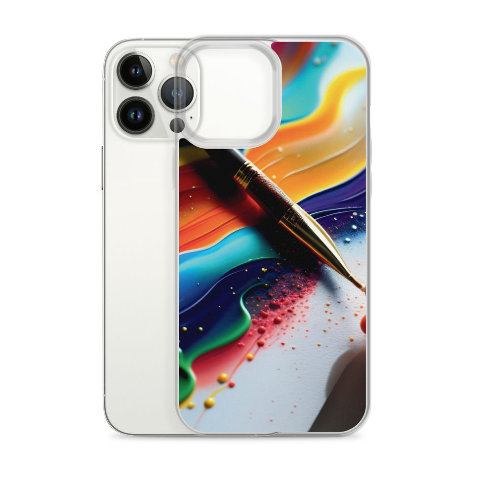 iPhone clear case displaying red paint-like accents beside a white flecked area across the printed back.