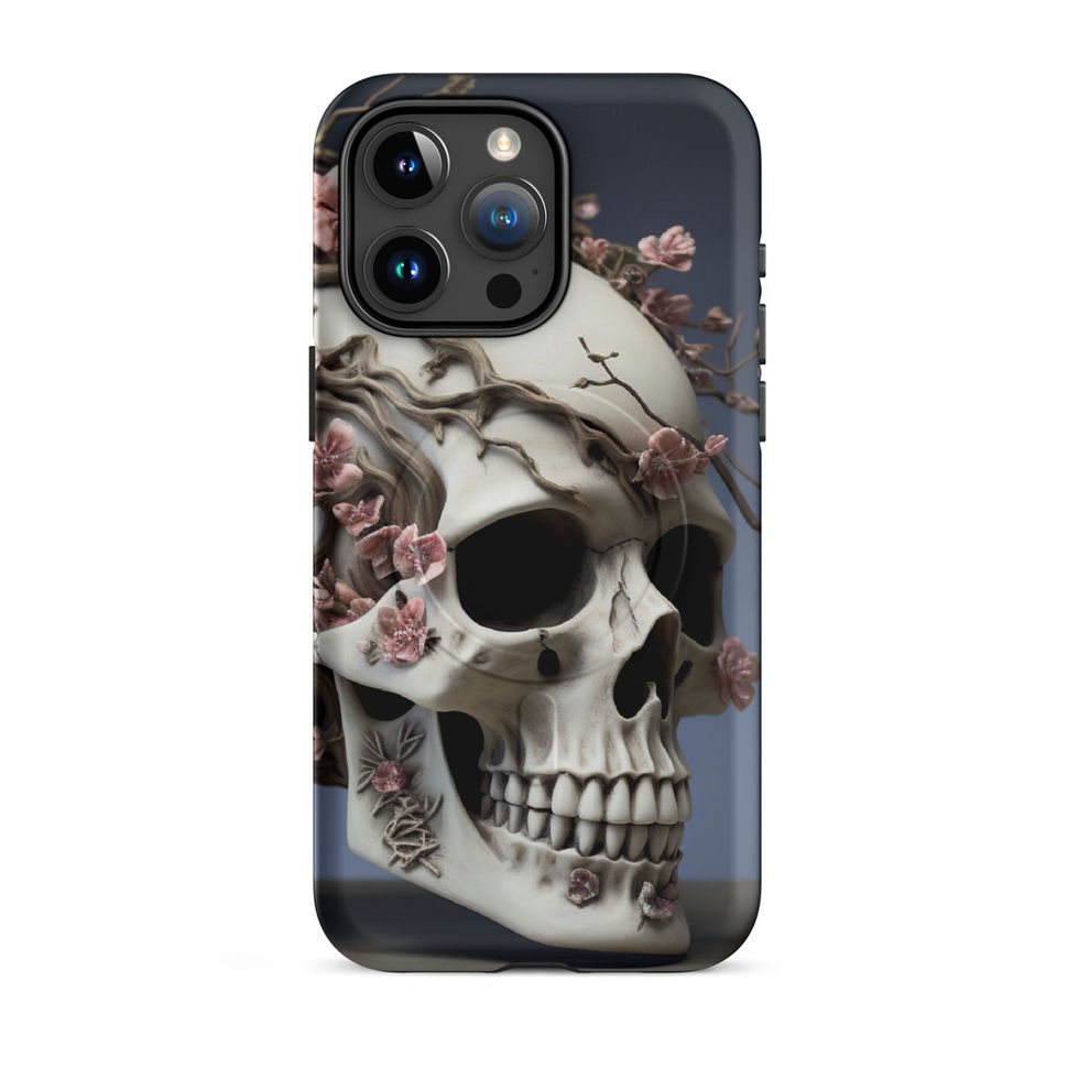 Ethereal Bloom tough case showing a pale skull surrounded by soft rose-colored flowers